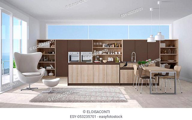 Modern white and brown kitchen with wooden details, big window with sea or lake panorama