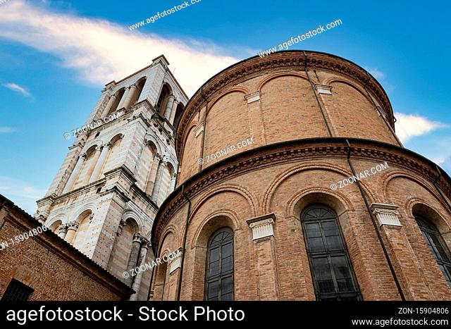 Ferrara, Italy. August 6, 2020. A view from below the The cathedral bell tower