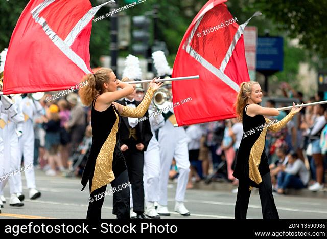 Washington, D.C., USA - May 28, 2018: The National Memorial Day Parade, Members of the Harper High School Mighty Longhorn Band from Harper Texas going down...