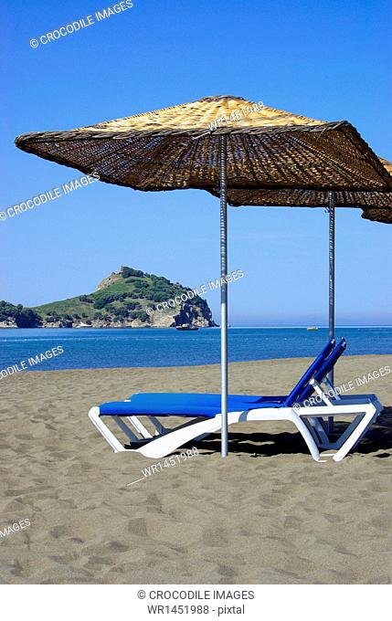 Beach with Sun Loungers and Beach Umbrellas, Mediterranean Sea, Southwestern Turkey