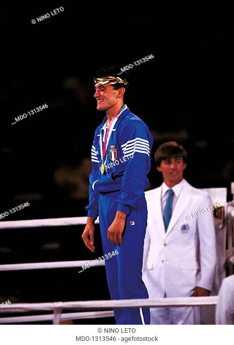 Maurizio Stecca awarded. The Italian boxer Maurizio Stecca smiling after receiving the gold medal in the bantamweight division at Los Angeles Olympics