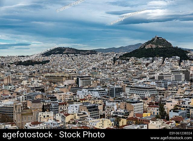 Athens, Attica - Greece - 12 26 2019 View over Athens, taken from the Acropolis hill