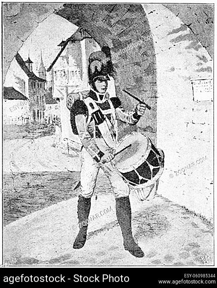 Bavarian drummer (1809). Illustration of the 19th century. Germany. White background