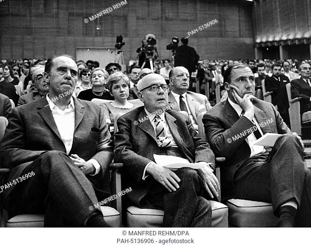 Writer Heinrich Böll, professor of sociology Theodor Adorno and publisher Siegfried Unseld during a meeting against the emergency laws in Frankfurt on the 28th...