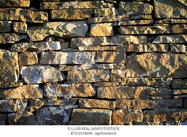 Closeup of a hand made dry stone wall in Yorkshire Dales, England, UK, Europe