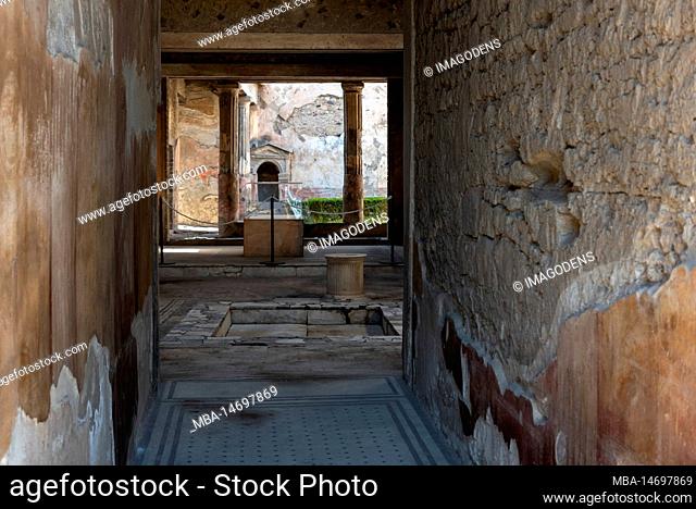 Entrance and floor into the atrium of an old Roman villa in Pompeii, Southern Italy