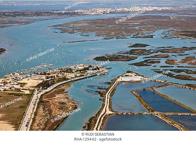 Aerial with Bay of Cadiz, yacht harbour and marina and San Fernando in the background, Cadiz, Andalucia, Spain, Europe