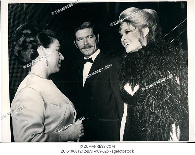 Dec. 12, 1968 - Princess And Brigitte Converse In French: Princess Margaret talking in French with Brigitte Bardot with, in center, Stephen Boyd