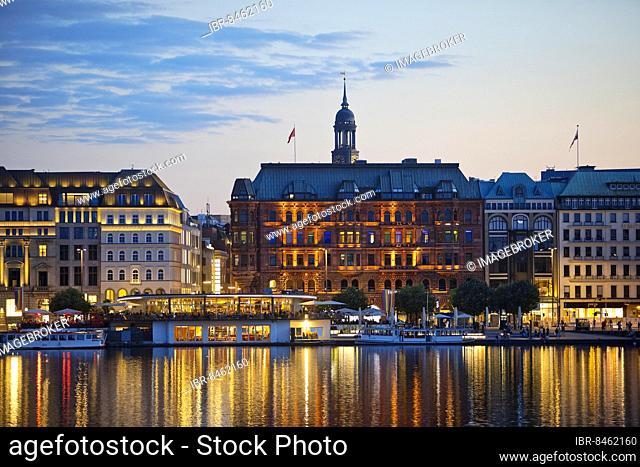 Inner Alster Lake with Hamburger Hof and Michel in the evening, Hamburg, Germany, Europe