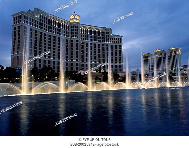 Bellagio hotel and casino on the strip with fountain display in the foreground