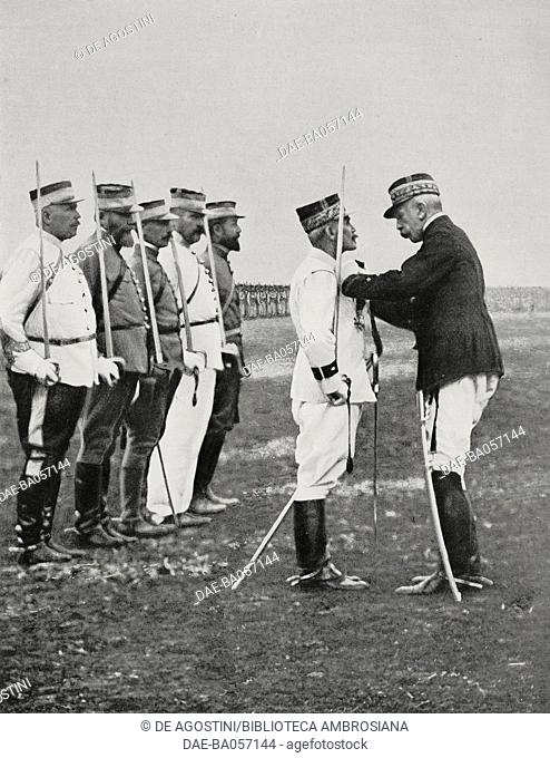 Hubert Lyautey (1854-1934), French colonial General, in presence of army officers decorates Jean-Marie Brulard (1856-1923), French General