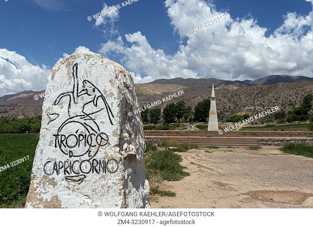 A marker and a sundial mark the latitude of the Tropic of Capricorn in the valley of Quebrada de Humahuaca, Andes Mountains, Jujuy Province, Argentina