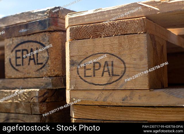 SYMBOL - 03 June 2023, Berlin: Wooden Euro pallets with the ""EPAL"" sign printed on them are stacked. Photo: Fernando Gutierrez-Juarez/dpa