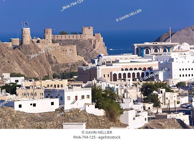 Elevated view over Muscat, Al-Mirani fort, government buildings and the Sultan's Palace, Muscat, Oman, Middle East