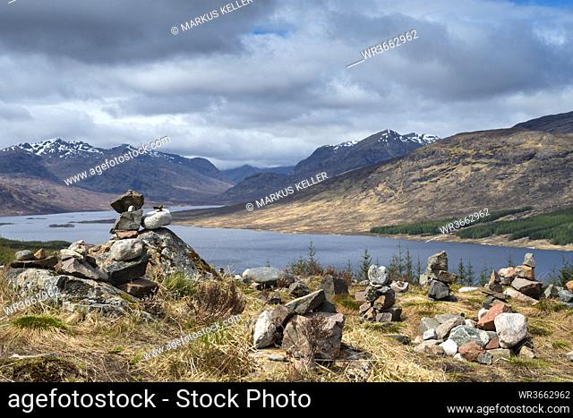 United kingdom, Scotland, Rock piles with Loch Loyne
