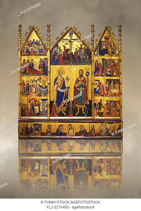 Gothic painted Panel Altarpiece of the Saints John by Master of Santa Coloma de Queralt. Tempera and gold leaf on wood. Circa 1356. 220. 5 x 209