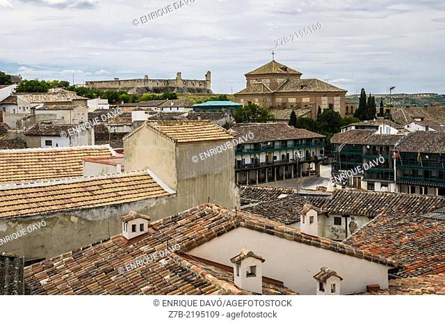 View of the castle and church in Chinchon village, Madrid province, Spain