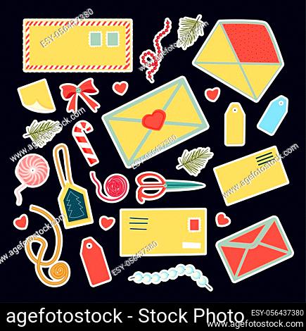 Mail and delivery. Letters and envelopes. Holiday letters. Stickers mail theme.Vector illustration