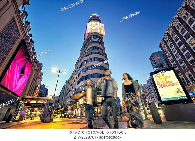 Callao square and Gran Via street at twilight. Madrid, Spain