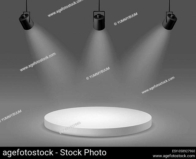Podium with spotlights. Empty illuminated pedestal, 3d platform for ceremony award round show scene with studio simple projectors vector mockup
