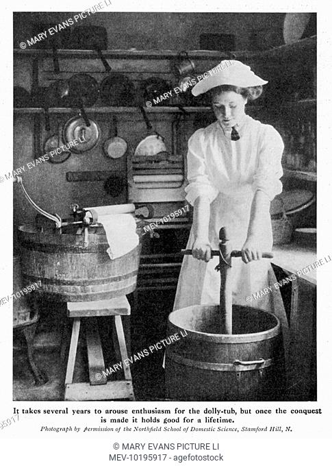 A laundry worker using a dolly stock and tub to clean clothes, prior to the invention of the washing machine
