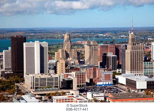 Aerial of Buffalo Skyline with Lake Erie in background