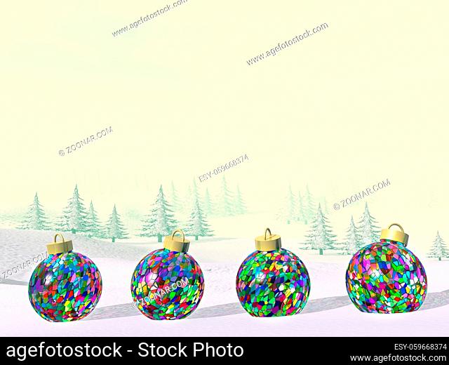 Colorful Christmas balls in the mountain with snow and fir trees by sunset - 3D render