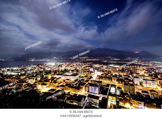 Cityscape in blue hour with mountain and clouds in locarno ticino Switzerland, Europe