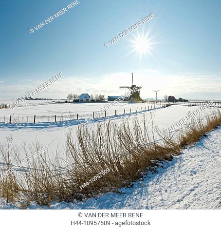 Netherlands, Holland, Europe, Workum, Friesland, windmill, field, meadow, winter, snow, ice, Windmill