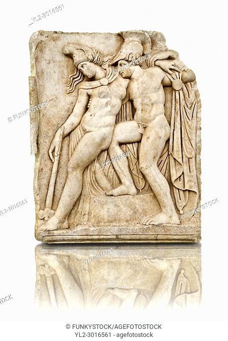Roman temple freize relief sculpture of Achilles and a dying Amazon, Aphrodisias Museum, Aphrodisias, Turkey. Achilles supports the dying Amazon queen...