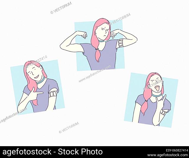 Body parts demonstration, grimacing concept. Piddling, naughtiness, awkward age, young woman showing tattoo, girl demonstrating muscles