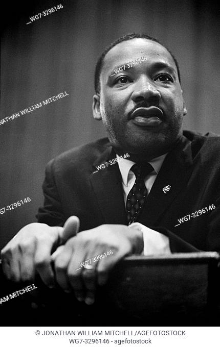 USA -- 26 Mar 1964 -- Dr Martin Luther King answers journalist's questions at a press conference at an undisclosed location in the United States