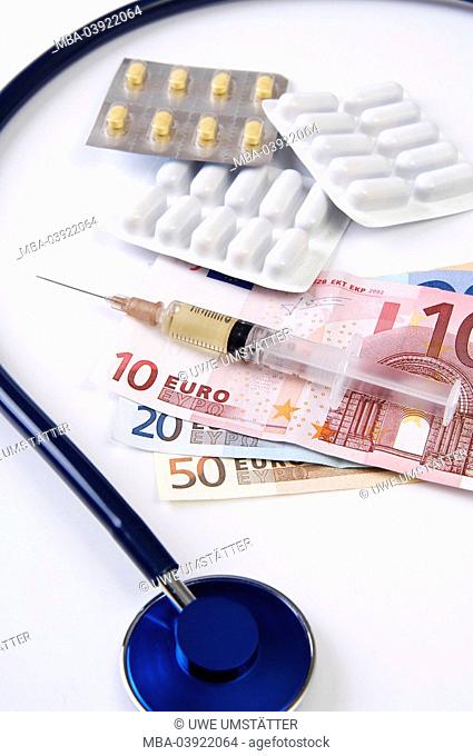 Public health, stethoscope, shot, pills, bills, medicine, money, Euro-bills, medicine, capsules, one-way-shot, symbol, drug-costs, costs, health-reform