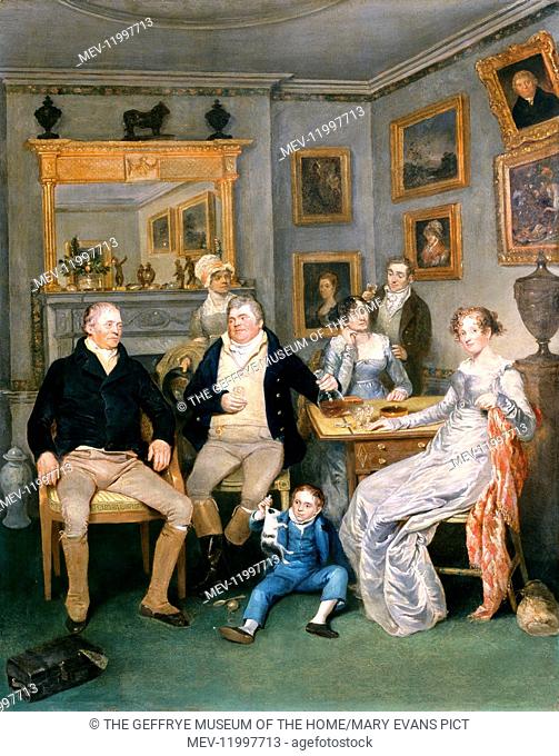 Group portrait of a family in a domestic interior, oil on panel, by an unknown artist, c.1815-1820, in a gilt frame with carved and applied moulding, c