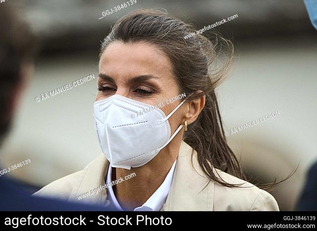 Queen Letizia of Spain visit the Alto de Ibaneta, the Church of Santa Maria and the Collegiate Church of Roncesvalles at on July 12, 2021 in Roncesvalles