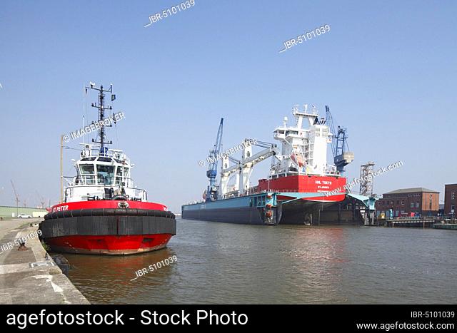 Cargo ships at the dock in Kaiserhafen, harbour cranes, Bremerhaven, Bremen, Germany, Europe