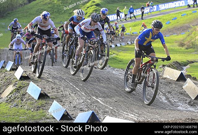 (L-R) Jenny Rissveds of Sweden, Annie Last of Britain and Laura Stigger of Austria compete during the women's short track at the Cross-country Mountain Bike...