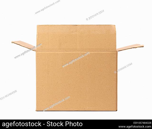 open cardboard rectangular box made of corrugated brown paper isolated on a white background