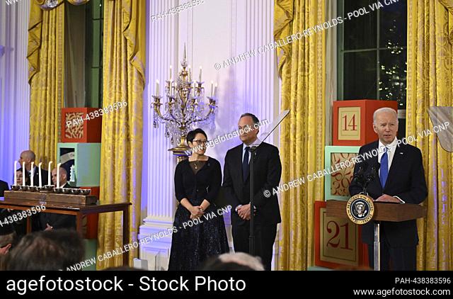 United States President Joe Biden makes remarks as he hosts a Hanukkah reception in the East Room of the White House in Washington, DC, on December 11, 2023