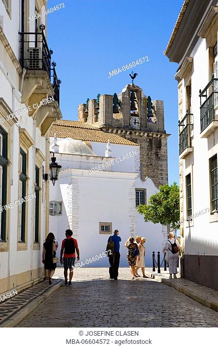 Faro, street, cathedral, bell tower, churchyard, Largo da Sé, Cidade Velha, Old Town, tourist
