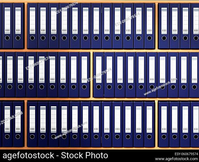 Folders arranged inside wooden shelves. 3D illustration