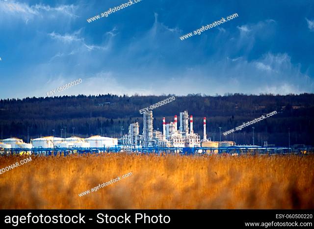 Ust-Luga oil terminal, Baltic pipeline system. Russia. View from the sea and reeds