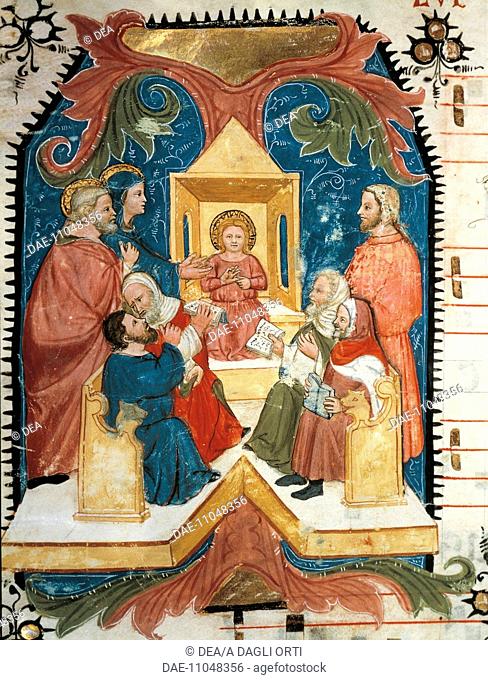 Jesus among the doctors in the temple, miniature by Turone (active ca 1360), Italy 14th Century.  Verona, Biblioteca Capitolare