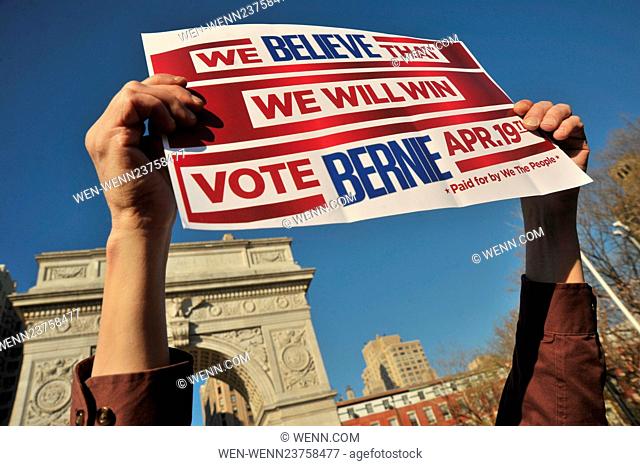 Senator Bernie Sanders candidate for the Democratic Party nomination for President of the United States holds a huge political rally in New York's Washington...