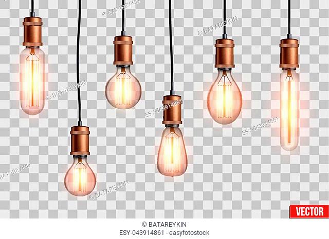 Decorative Retro design edison light bulb set. Lamps of different shapes. Vintage and antique style with copper. For loft and cafe