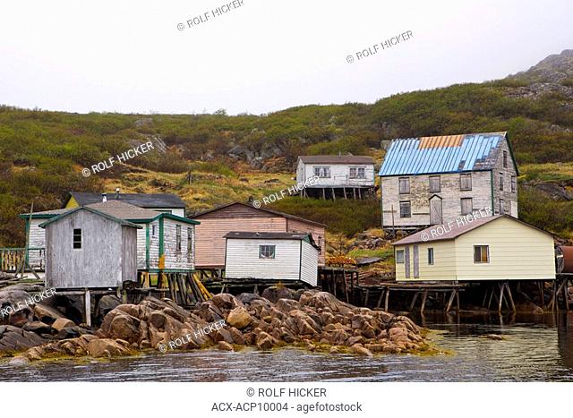 Houses and fishing stages along the waterfront of Cape Charles in the St Charles Harbour, Viking Trail, Trails to the Vikings, Southern Labrador