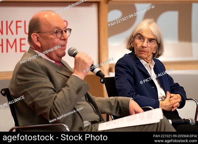 20 October 2022, Hesse, Frankfurt/Main: Denis Scheck, literary critic and author, speaks alongside Donna Leon, writer, during an event celebrating ""70 Years of...