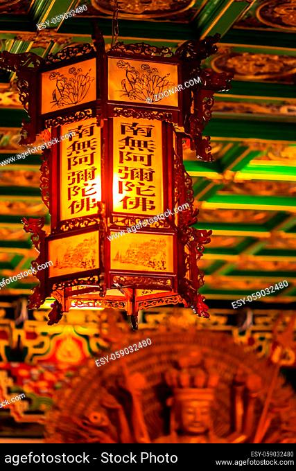 Beautiful Chinese lantern hanging on the ceiling at Chinese temple, Wat Leng -Noei-yi 2, Nonthaburi, Thailand