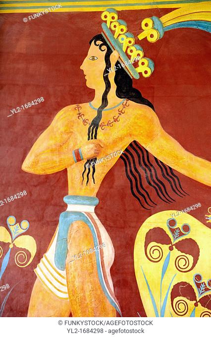 'Prince of lilies' or 'Priest-king Relief', plaster relief at the end of the Corridor of Processions, restored by Gilliéron, Knossos Minoan archaeological site