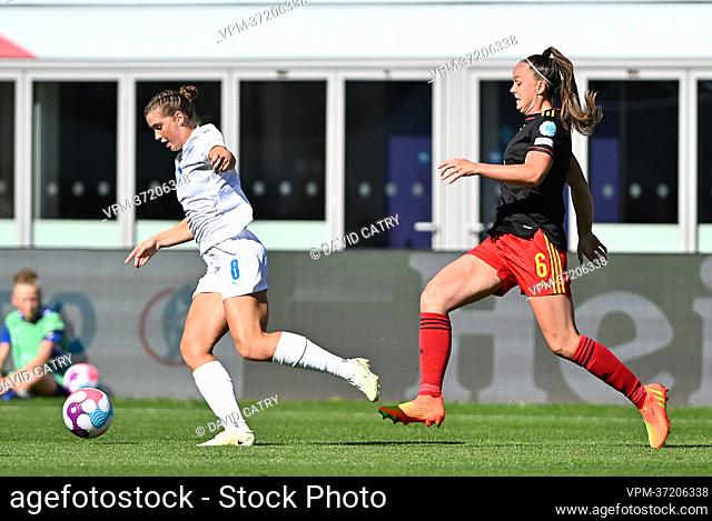 Iceland's Karolina Lea Vilhjalmsdottir and Belgium's Tine De Caigny pictured in action during a game between Belgium's national women's soccer team the Red...